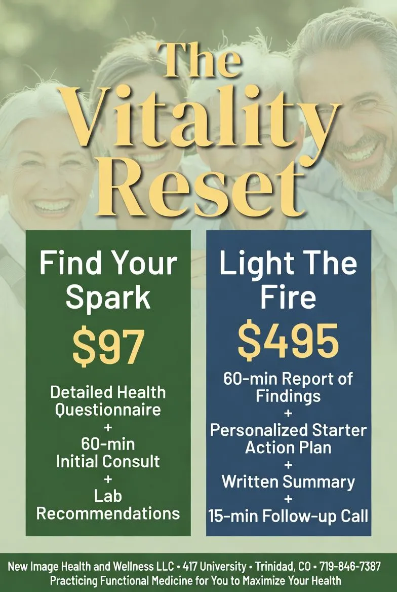 The Vitality Reset — Find Your Spark $97 initial consult package and Light The Fire $495 report of findings package at New Image Health and Wellness